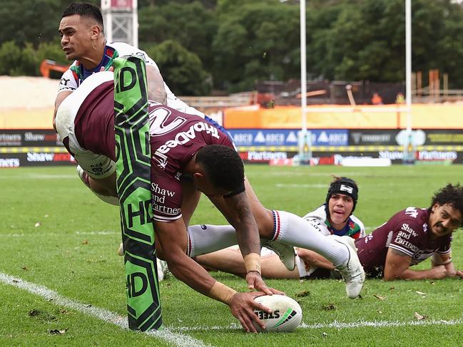 Saab has become one of the game’s best wingers since his breakthrough 2021 season with Manly. Picture: Cameron Spencer/Getty Images)