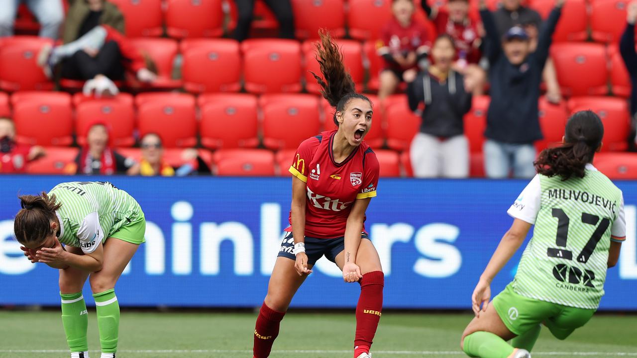 Murray celebrates a goal during the round one A-League Women match between Adelaide United and Canberra United. Picture: Sarah Reed/Getty Images