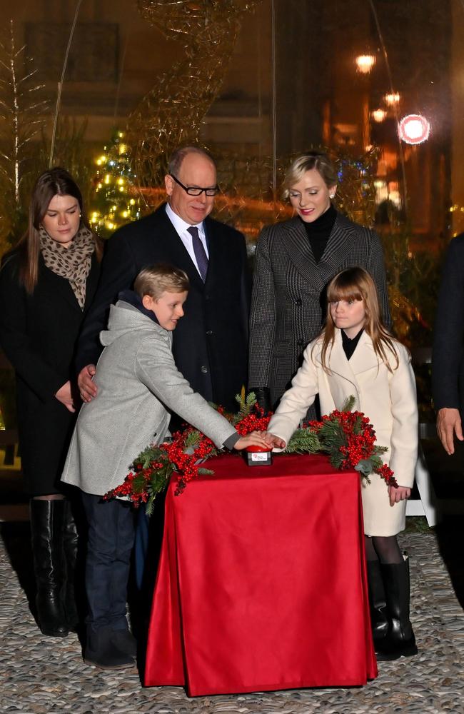 Monaco royals Prince Albert and Princess Charlene, along with their twin children Prince Jacques and Princess Gabriella, launched the christmas lights in the town square. Picture: SPLASH / BACKGRID