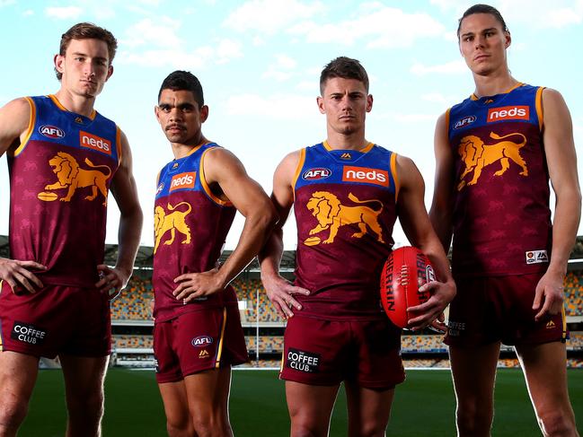 Brisbane Lions QLD born players at The Gabba. Harris Andrews, Charlie Cameron, Dayne Zorko and Eric Hipwood. Photo - Adam Head Brisbane Lions Media Day at the Gabba. Pics Adam Head