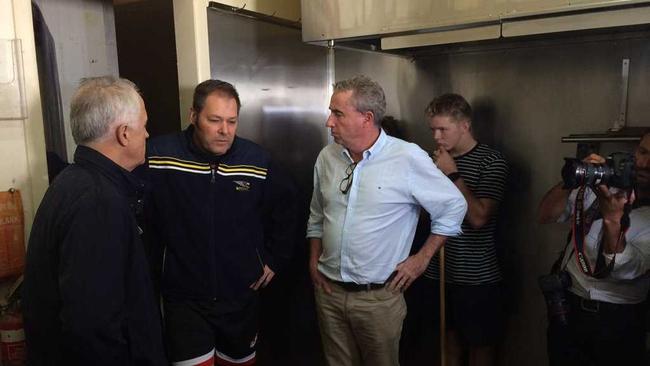 Prime Minister Malcolm Turnbull and Page MP Kevin Hogan talk to Steve Kreig, owner of Lismore business La Baracca. Picture: Marc Stapelberg