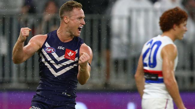 Brandon Matera of the Dockers celebrates a goal.