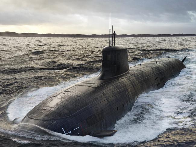 A render of the SSN-AUKUS nuclear-powered submarine that will be built in South Australia. Picture: BAE Systems