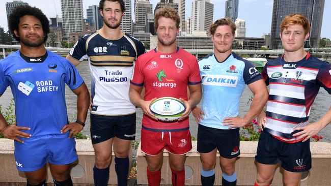 Super Rugby team captains (L to R) Tatafu Polota-Nau (sitting in for Matt Hodgson) of the Western Force, Sam Carter of the Brumbies, James Slipper of the Reds, Michael Hooper of the Waratahs and Nic Stirzaker of the Rebels pose for a photo with the competition's trophy during the 2017 Super Rugby Media Launch event in Brisbane, Monday, Feb. 13, 2017. The Rebels will host the Blues in the season's opener at AAMI Park on February 23. (AAP Image/Dan Peled) NO ARCHIVING