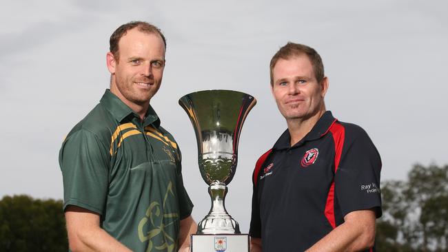 Michael Durbridge of the Queens Cricket Club with ex-Surfers gun Chris Swan. Picture by Scott Fletcher