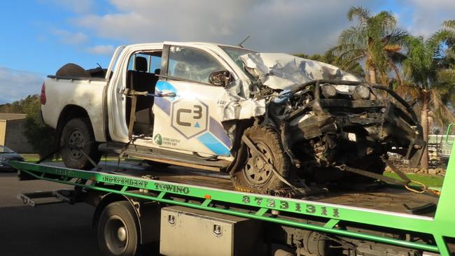 The ute from the fatal two-vehicle crash in Mount Schank. Picture: Arj Ganesan