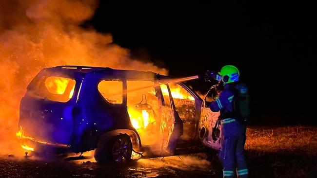 Towns across NSW have been battling an epidemic of stolen and damaged cars, home invasions and car fires around the country town. Picture: Facebook FRNSW Gunnedah.