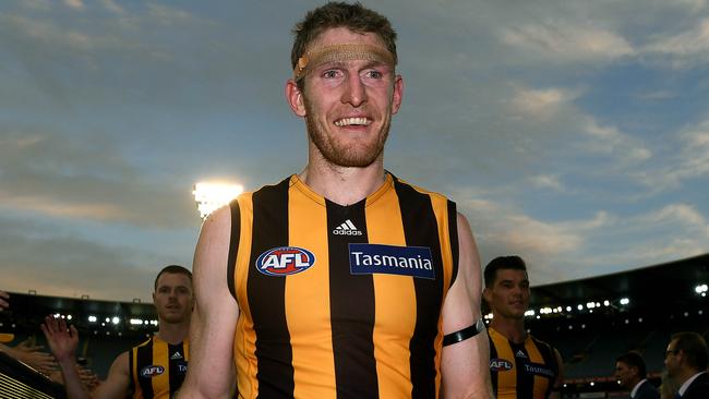 Bruised, but still smiling, Ben McEvoy laps up another Hawks’ win, this time over North Melbourne. Picture: Getty Images