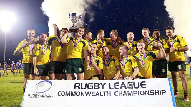 Australia celebrates their win at the Rugby League Commonwealth Championships, Redcliffe in February. Picture: AAP/Image Sarah Marshall.