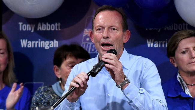 Former Prime Minister and Warringah Liberal candidate Tony Abbott concedes defeat at Manly Leagues Club in Brookvale. Picture: Bianca De Marchi.