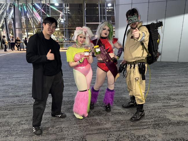 Ryan Lim, Arcade (@clawmachine.cos), Reed Collins (@reedclown) and Lucas Haddow (@sunnie.pop) attend the Oz Comic Con Melbourne at the Melbourne Convention & Exhibition Centre on Saturday, June 07, 2025. Picture: Jack Colantuono
