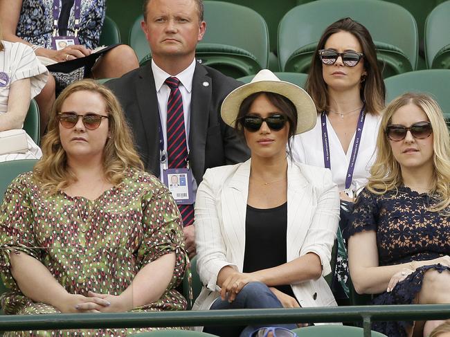 Meghan, Duchess of Sussex, centre, on Court Number One to watch United States' Serena Williams play Slovenia's Kaja Juvan. Picture: AP