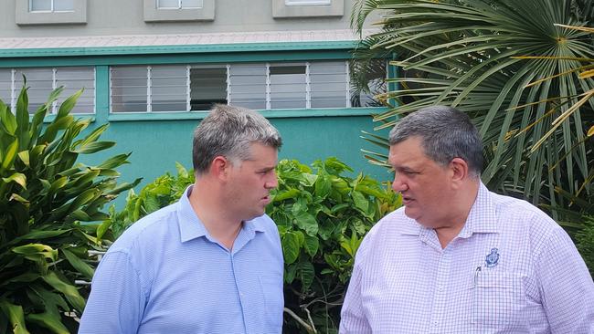 Police Minister Mark Ryan and Queensland Police Union Far North executive member Gil Dyett chat at Cairns PCYC in the wake of an alleged stolen car crash where a 14 year old boy died. Picture: Chris Calcino