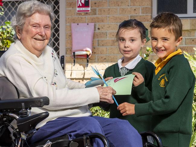 Henry Vanderkley, 6 and Addy Moore, 7 meet Margaret Griffiths, 85. Ballarat, the students of St PatrickÃs Primary School began writing letters and cards to local aged care residents as a way to help pass the time during remote learning. But thanks to the ingenuity of local teachers and BupaÃs aged care coordinators, the project quickly blossomed into lasting friendships. Picture: Jake Nowakowski