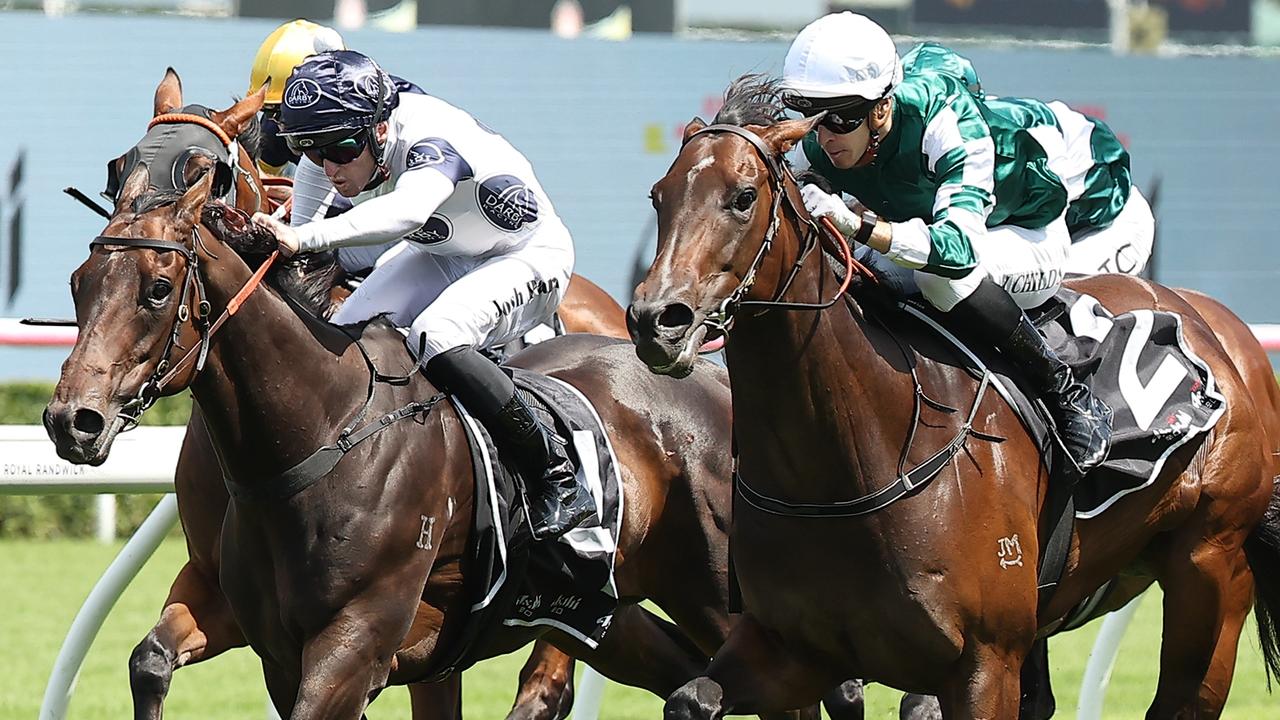 Jordan Childs wins on Magic Time (right) in the Expressway Stakes at Randwick last start. Picture: Jeremy Ng/Getty Images