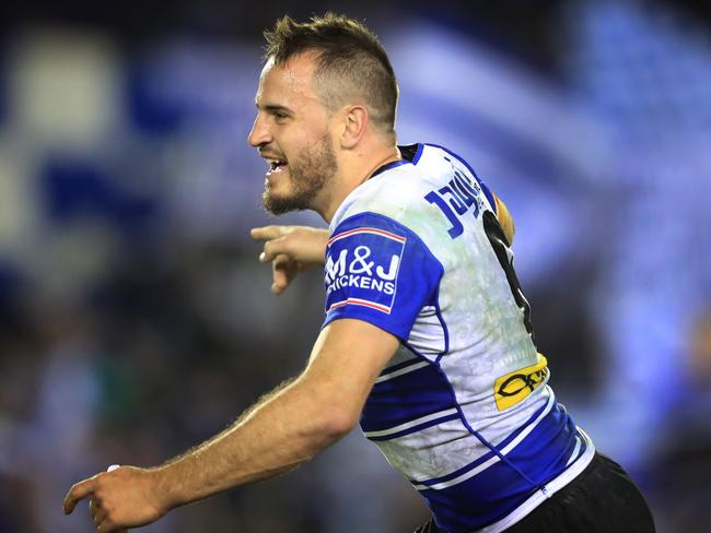 Josh Reynolds celebrates the Bulldogs win  in his last game at Belmore during the Canterbury Bulldogs v Newcastle Knights NRL round 18 game at Belmore Sports Ground. Pic Mark Evans