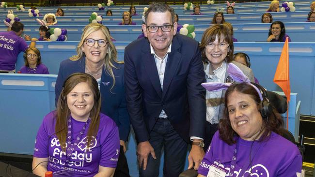 Supporting Kids Day for RCH were Penny Fowler, Premier Dan Andrews and Victorian Health Minister Mary Anne Thomas in the phone room. Picture: Wayne Taylor