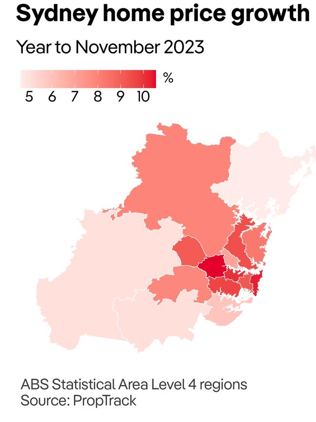 PropTrack’s heatmap showing home price increases in Sydney’s areas.