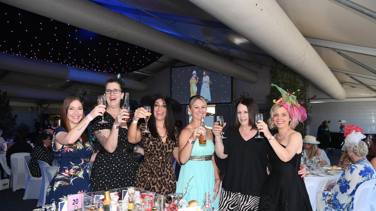 Tegan Green, Tracey Curry, Amanda Charalambous, Jo Lucas, Tam Forward and Polly Hohn at the Darwin Turf Club Bridge Toyota Ladies' Day / Derby Day. Picture: KATRINA BRIDGEFORD