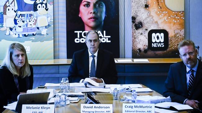 ABC CEO Melanie Kleyn, left, David Anderson and editorial director Craig McMurtrie appear before Senate Estimates via video link on Tuesday. Picture: AAP