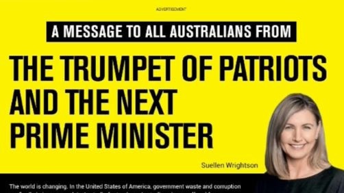 An advertisement for the Trumpet of Patriots calling Suellen Wrightson “the next prime minister”.