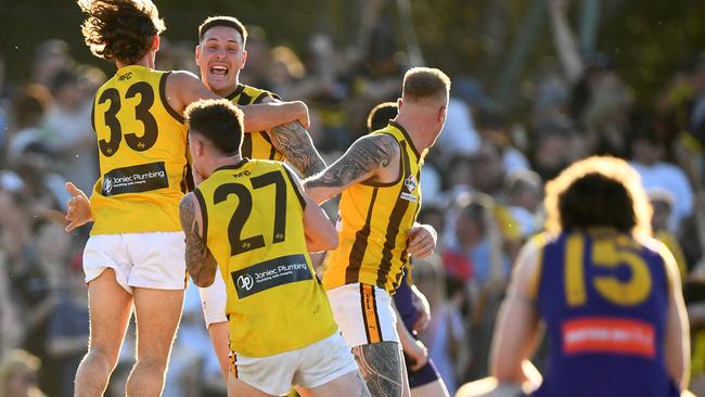 Rowville celebrate winning the 2023 Eastern Football Netball League Premier Division Seniors Grand Final match between Vermont and Rowville at Bayswater Oval in Bayswater, Victoria on September 16, 2023. (Photo by Josh Chadwick)