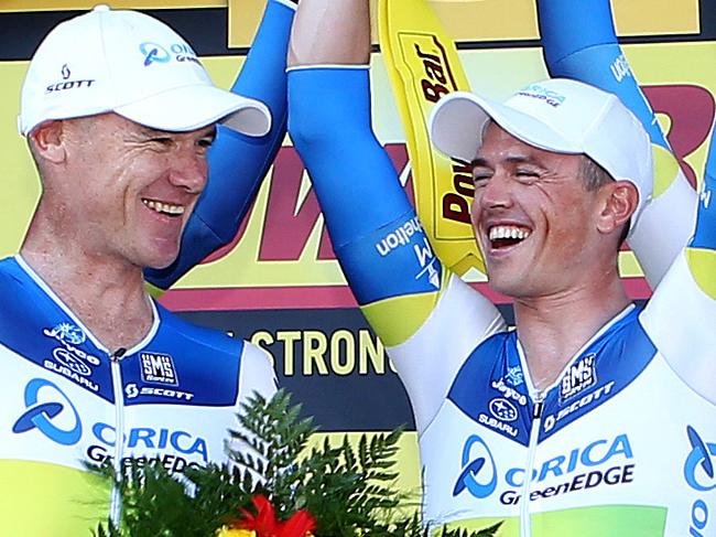 Tour de France - Stage 4 - Team Time Trial - Nice - Australia's GreenEDGE cycling team takes the stage and the Yellow Jersey for Simon Gerrans. (l-R) Michael Albasini, Daryl Impey, Matt Goss, Stuart O'Grady, Simon Gerrans, Brett Lancaster, Simon Clarke, Cameron Meyer and Svein Tuft