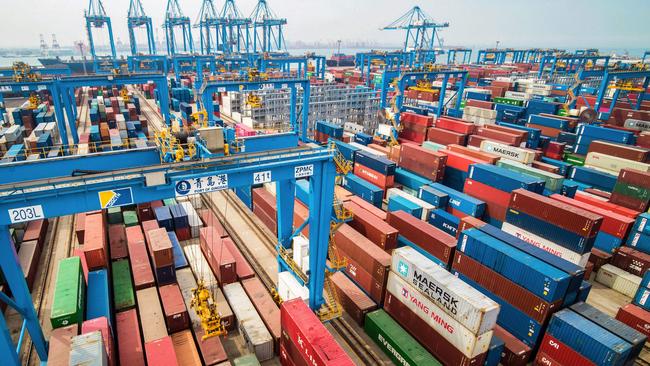 Containers stacked at a port in Qingdao in China’s eastern Shandong province. In February, China’s outbound shipments surged 154.9% from a year earlier. Picture: AFP