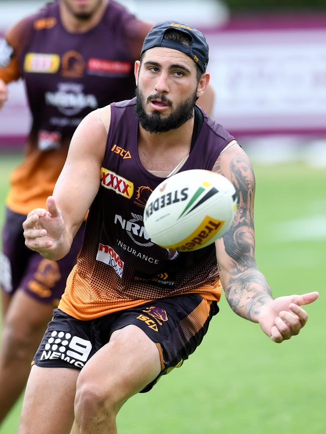 Jack Bird offloads during a training session yesterday. Picture: Dan Peled