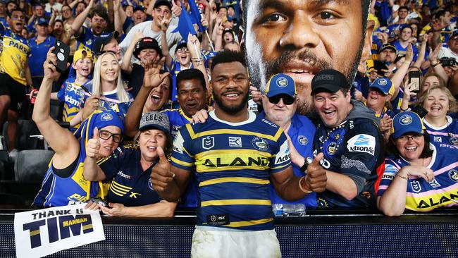 Maika Sivo celebrates with Eels fans after the 58-0 demolition. Picture: AAP Image/Brendon Thorne