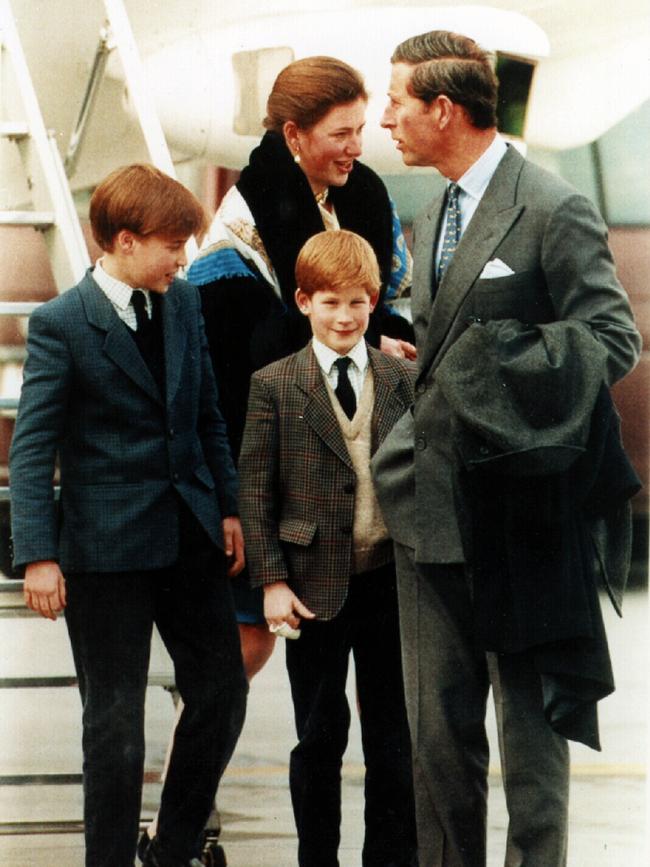 Prince Charles with sons Prince William, Harry &amp; personal assistant Alexandra 'Tiggy' Legge-Bourke ainn Switzerland for a skiing trip in 1994. Picture: Supplied