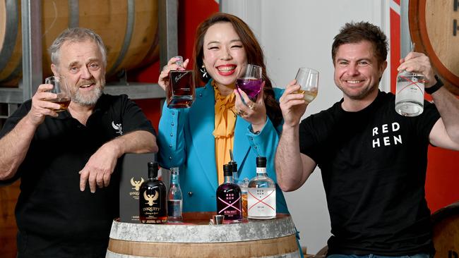 Iniquity Whisky maker Ian Schmidt with trade expert Michele Zhuang and gin maker Anthony Vallelonga. Picture: Naomi Jellicoe