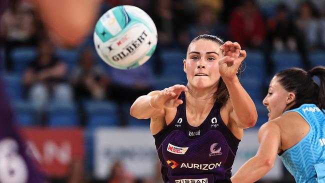 SYDNEY, AUSTRALIA - MARCH 22: Macy Gardner of the Firebirds passes the ball  during the 2024 Suncorp Team Girls Cup match between Melbourne Mavericks and Queensland Firebirds at Ken Rosewall Arena on March 22, 2024 in Sydney, Australia. (Photo by Jenny Evans/Getty Images for Netball Australia)