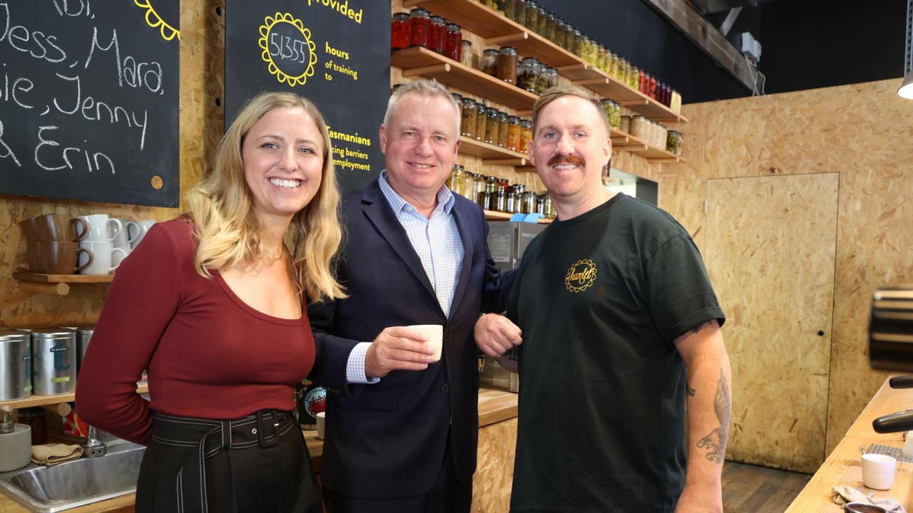 Hamlet CEO Emily Briffa, Premier Jeremy Rockliff and Hamlet participant Jim Mackey at Hamlet Care in Hobart on Wednesday, May 7, 2025.