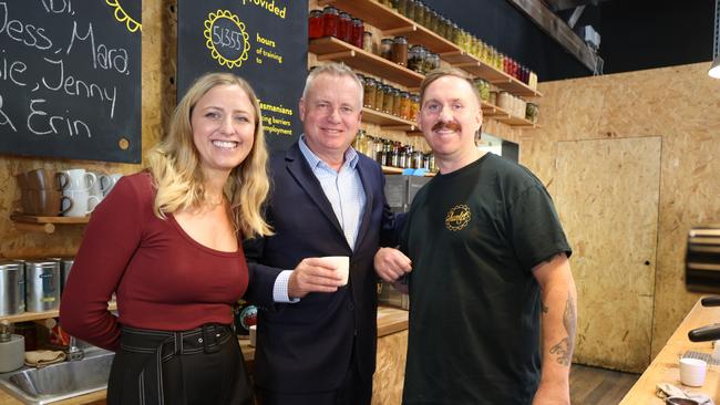 Hamlet CEO Emily Briffa, Premier Jeremy Rockliff and Hamlet participant Jim Mackey at Hamlet Care in Hobart on Wednesday, May 7, 2025.