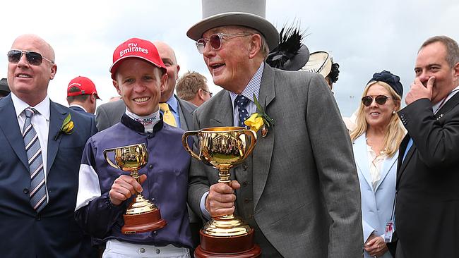 Owner Lloyd Williams and jockey Kerrin McEvoy after Almandin won the Melbourne Cup on Tuesday