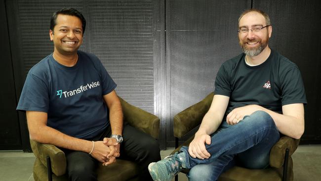 Murali Akella, head of TransferWise’s banks unit, and Up co-founder Dom Pym in Melbourne. Picture: Stuart McEvoy.