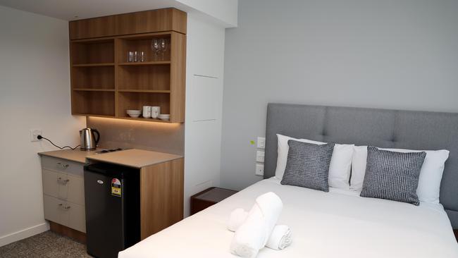 A completed bedroom in the new Queensland parliamentary annexe building after renovations were completed. Picture: Tertius Pickard