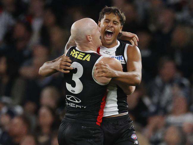 NCA. MELBOURNE, AUSTRALIA. 22nd March, 2025 .  AFL Round 2. St Kilda vs Geelong at the Marvel Stadium.  Isaac Keeler of the Saints celebrates a 3rd quarter goal, his 1st goal in AFL footy  . Picture: Michael Klein