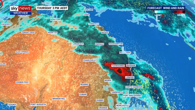 Queenslanders are once again bracing for intense rainfall, severe thunderstorms and potentially “life-threatening” flash flooding that’s set to signal an end to the state’s heatwave. Picture: Sky Weather