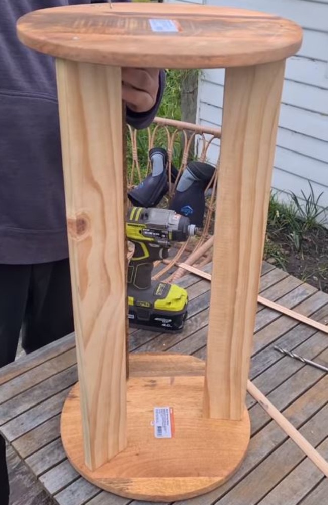 For the bones of the table, she attached the two Kmart chopping boards together by drilling three pieces of 600m pine between them. Picture: samantha_milne_designs