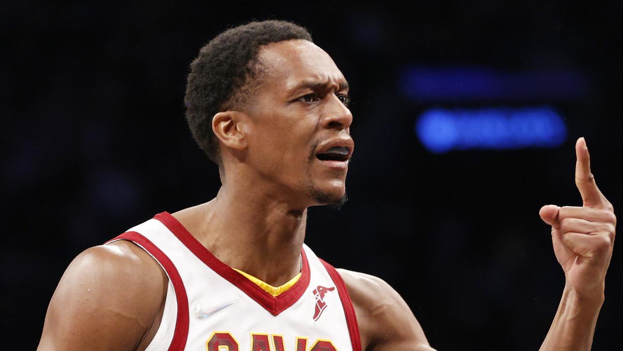 NEW YORK, NEW YORK - APRIL 12: Rajon Rondo #1 of the Cleveland Cavaliers reacts during the second half of the Eastern Conference 2022 Play-In Tournament against the Brooklyn Nets at Barclays Center on April 12, 2022 in the Brooklyn borough of New York City. The Nets won 115-108. NOTE TO USER: User expressly acknowledges and agrees that, by downloading and or using this photograph, User is consenting to the terms and conditions of the Getty Images License Agreement. (Photo by Sarah Stier/Getty Images)