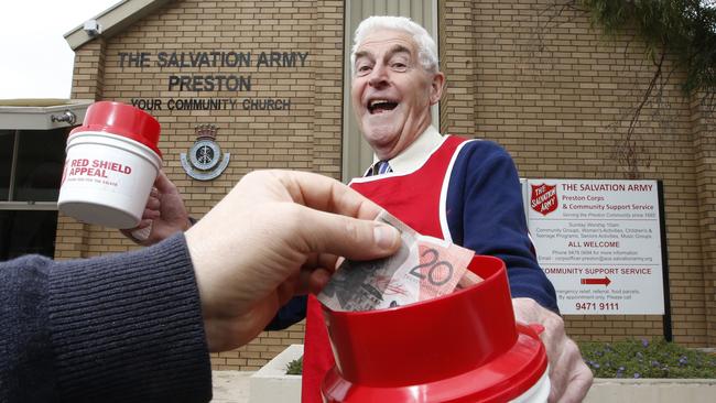 Alan Richmond, 78, has raised more than $1 million from tin rattling for the Salvos. Picture: David Caird