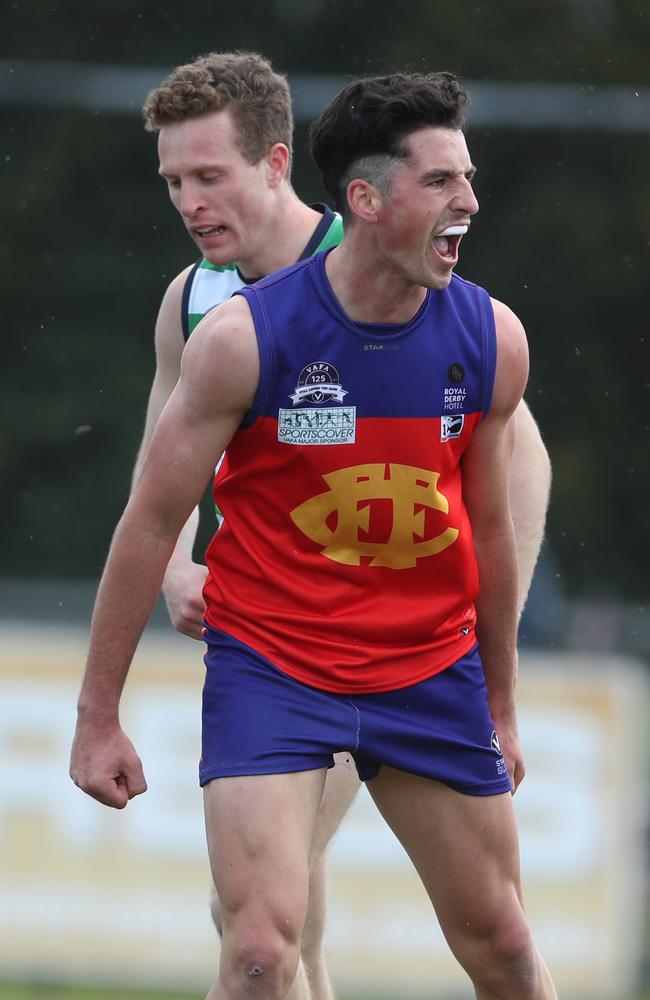 Sunny Brazier roars after kicking one of his three goals in the decider. Picture: David Crosling