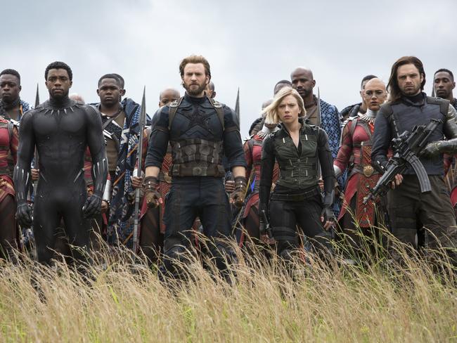 The fight against Thanos goes all the way to Wakanda in Avengers: Infinity War, as Black Panther (Chadwick Boseman) teams with Captain America (Chris Evans), Black Widow (Scarlett Johansson) and Winter Soldier (Sebastian Stan). Picture: Chuck Zlotnick/Marvel Studios/Disney