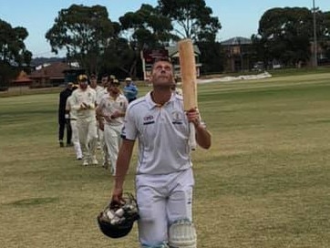 Hamish Moore salutes the sky after his semi-final hundred for Doutta Stars. Picture: Jack Gleeson. 