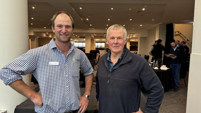 VicNoTill board president Dan Fox with conference guest speaker Rob Hetherington. Picture: Supplied