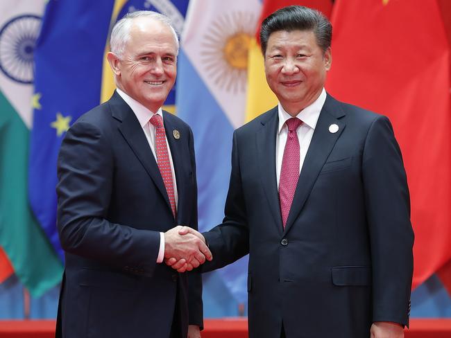 Chinese President Xi Jinping (right) with Australia's Prime Minister Malcolm Turnbull at the G20 Summit in 2016, before the recent chill in diplomatic relations. Picture: Lintao Zhang/Getty Images