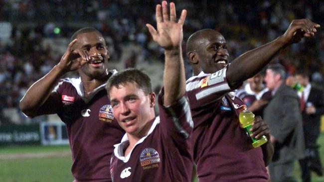 May 2001 State of Origin One at Lang Park - Qld vs NSW - Qld wins. Lote Tuqiri, Paul Green and Wendell Sailor waving to the crowd. picDavid/Kapernick