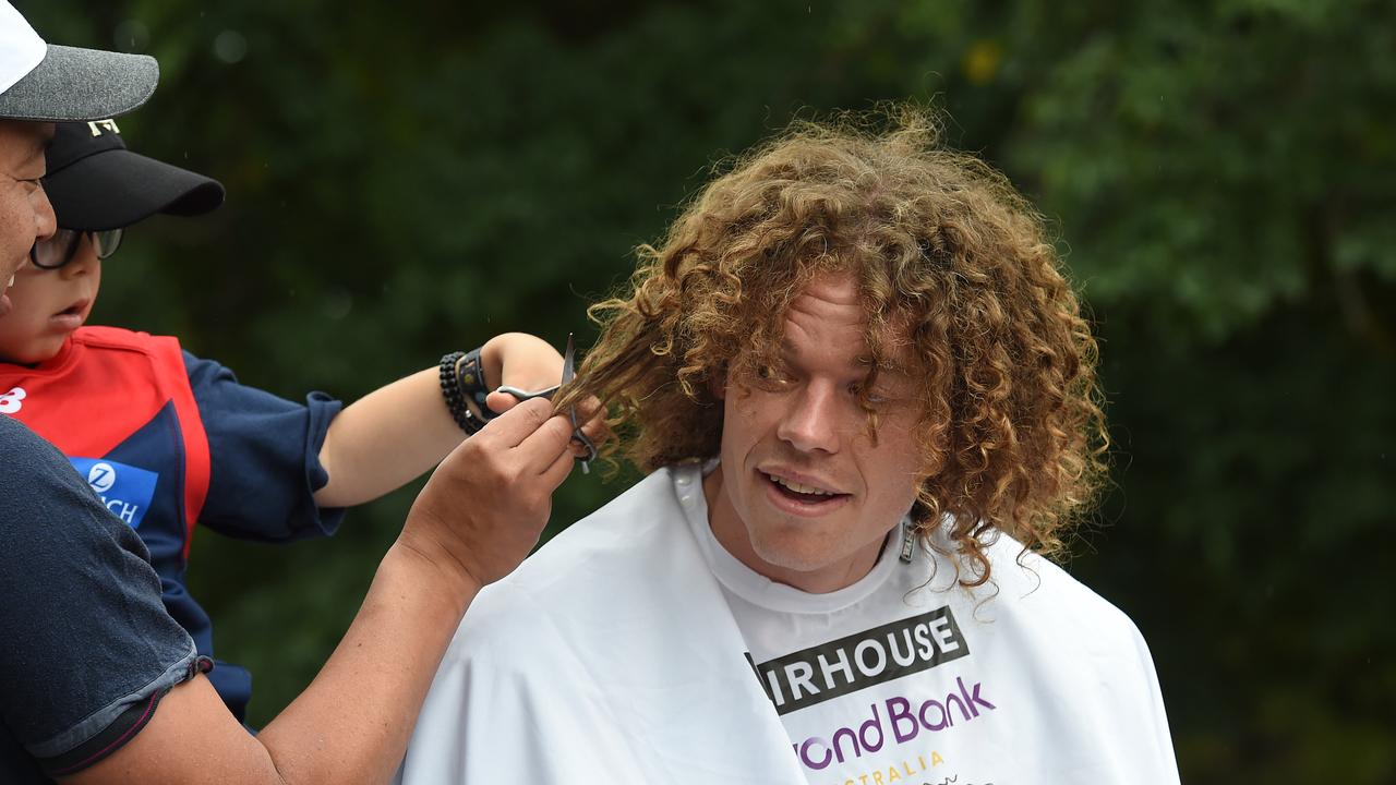 Demons player Ben Brown chopped off his famous locks for Challenge, a charity supporting kids with cancer. Picture: NCA NewsWire / Josie Hayden